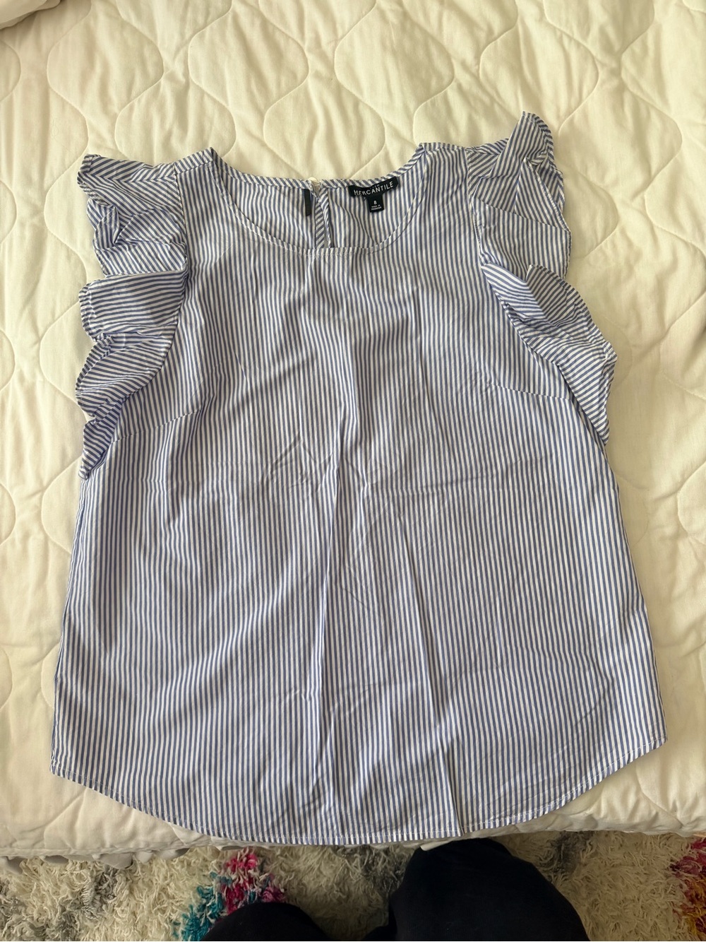 J. Crew Ruffled Sleeve Striped Blouse - Blue/White